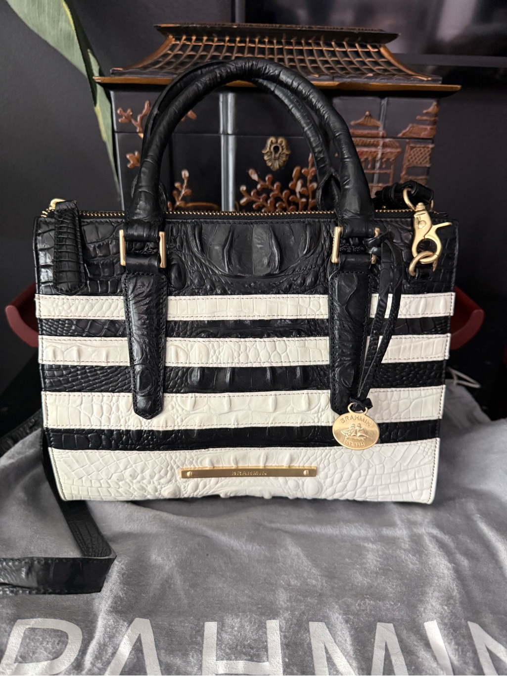 Brahmin Black & White Striped Croc-Embossed Leather Cami Satchel Nwot